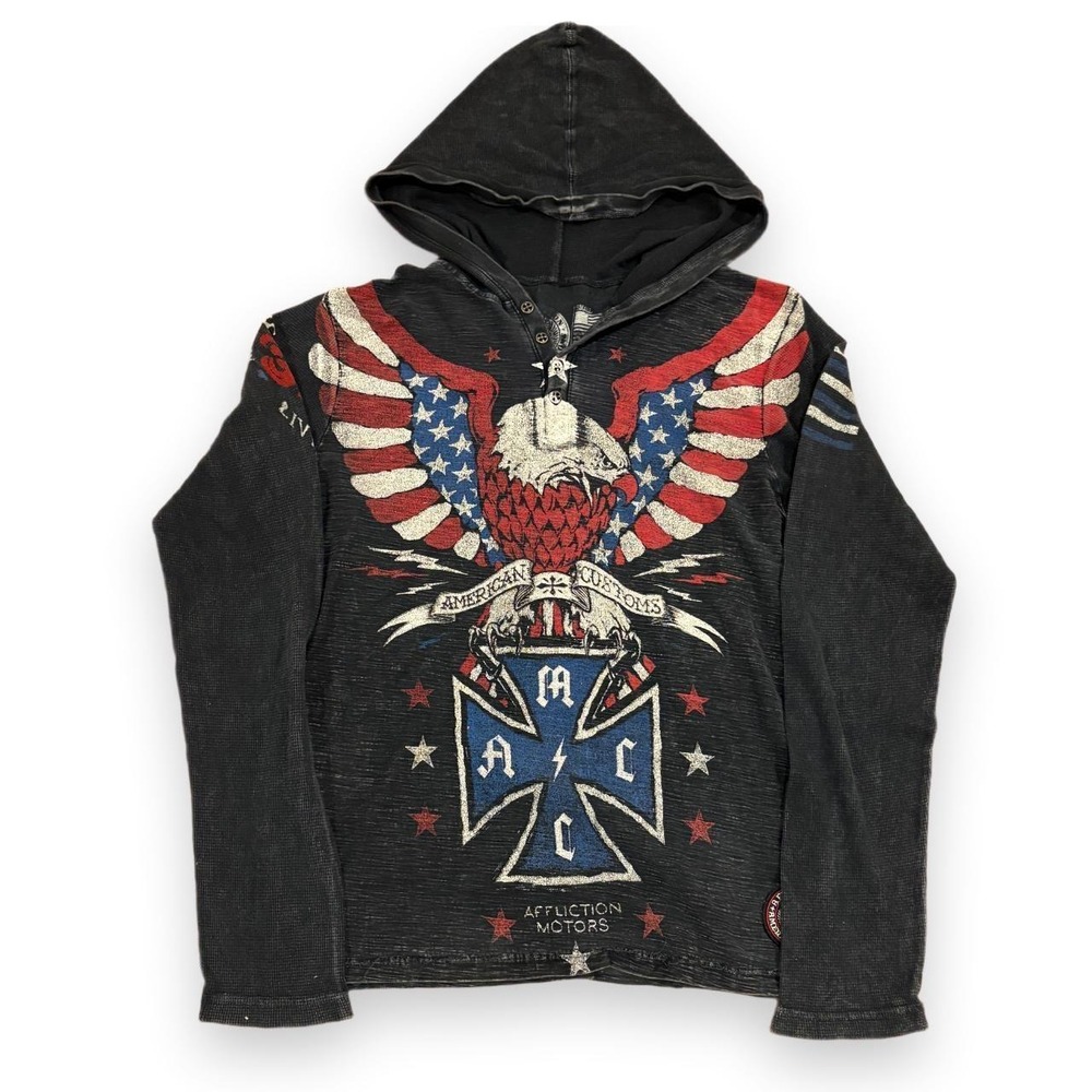 Affliction American Customs Live Fast Eagle Graphic Hooded Henley Black Small